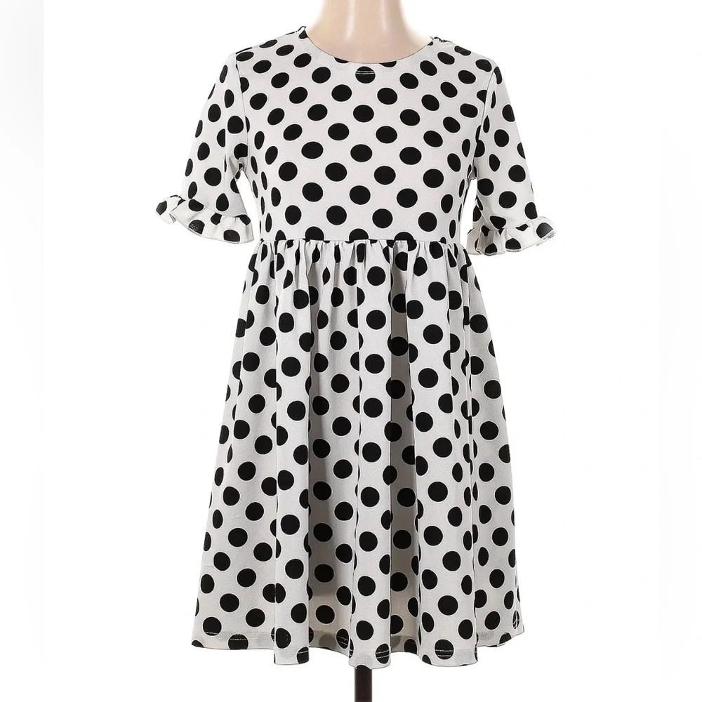 H&M Womens Dress Size XS White and Black Polkadots Ruffled Fit & Flare - Picture 1 of 11
